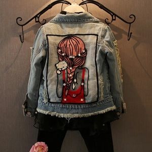 SEQUINED DISTRESSED DENIM JACKET FOR LITTLE GIRLS